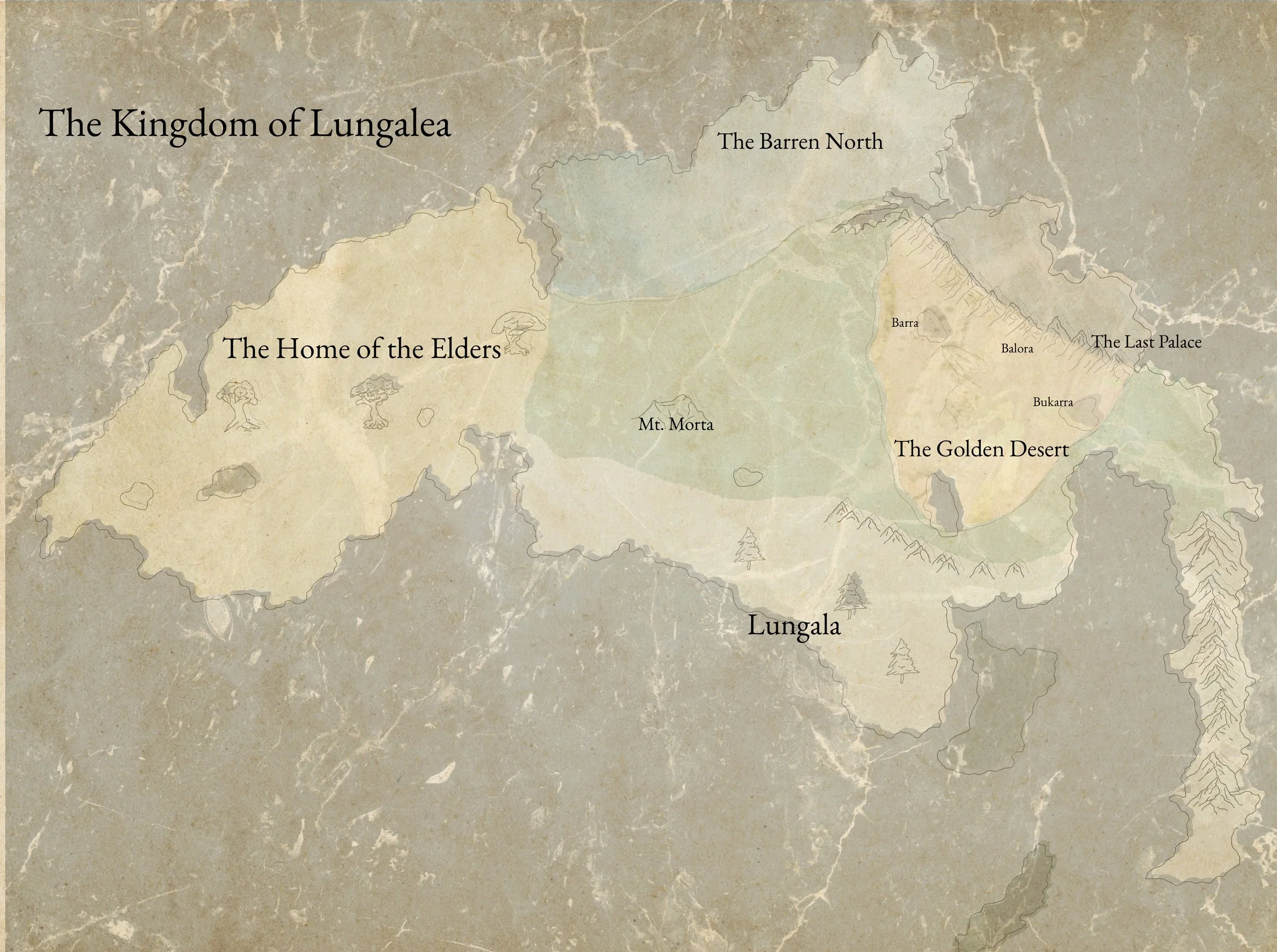 A vintage-style map of the fictional Land of Lunglea, with labeled regions including The Barren North, The Last Palace, The Golden Desert, Lungala, Mt. Morta, The Home of the Elders, and The Kingdom of Lunglea. The background has a textured, aged paper appearance with faint illustrations of trees and mountains.