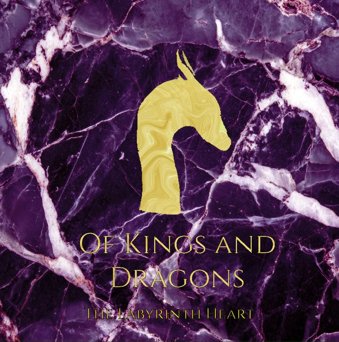 Book cover titled "Of Kings and Dragons: The Labyrinth Heart" with a purple marble background and a gold dragon head silhouette in the center.