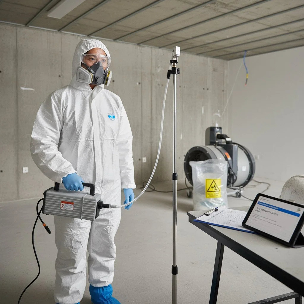 A scientist in a white hazmat suit, gloves, and a respirator mask stands in an industrial setting holding equipment connected to a tube, with a computer and scientific devices nearby, checking the air for asbestos.