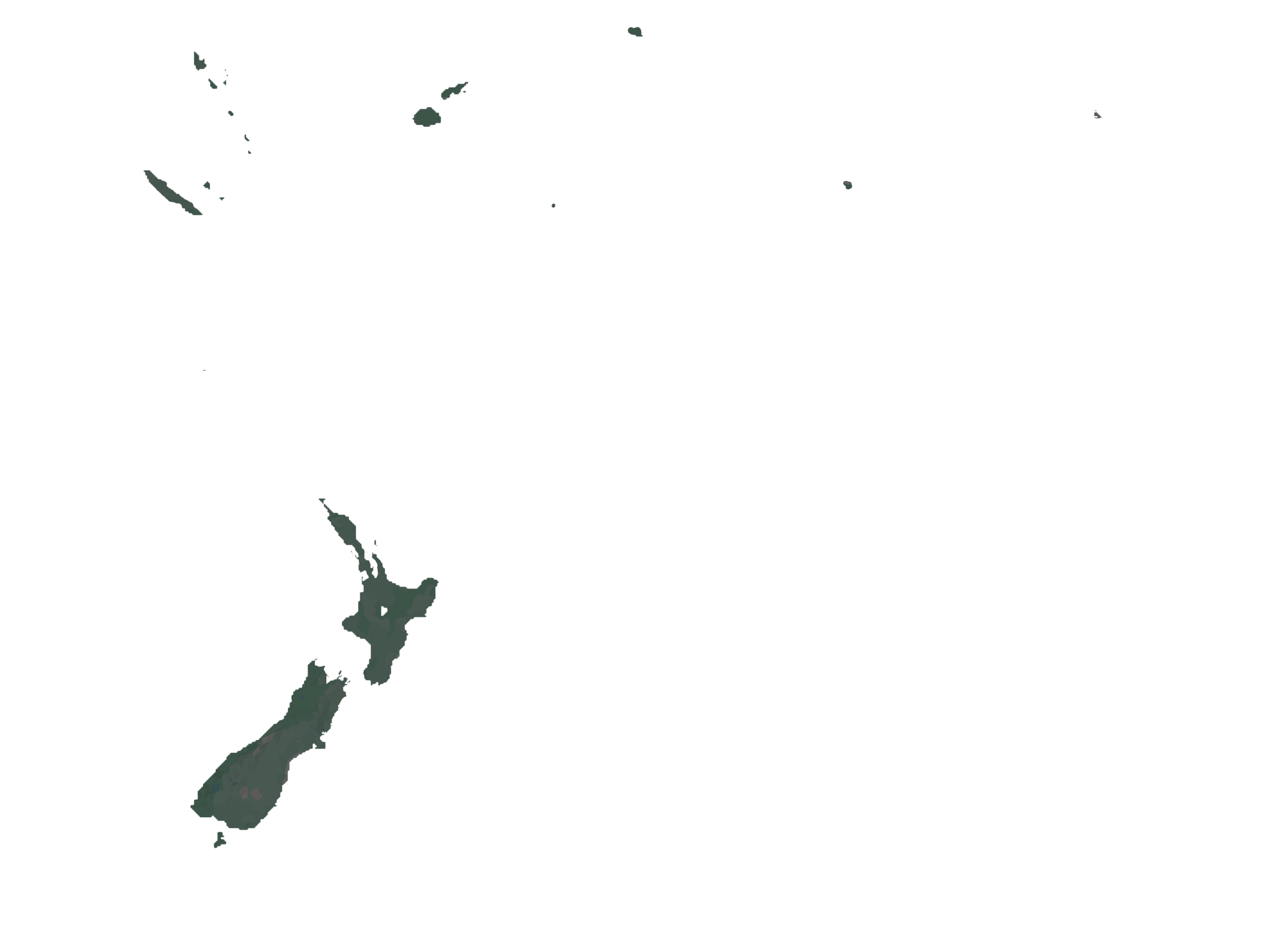 A black silhouette map of New Zealand showing the North Island, South Island, and Pacific islands.