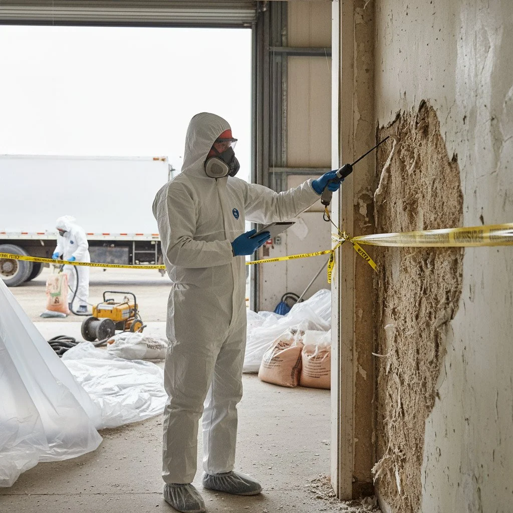 A person wearing a hazmat suit, mask, and gloves testing a wall for asbestos with a drill. Caution tape surrounds the area, with another worker handling materials in the background.