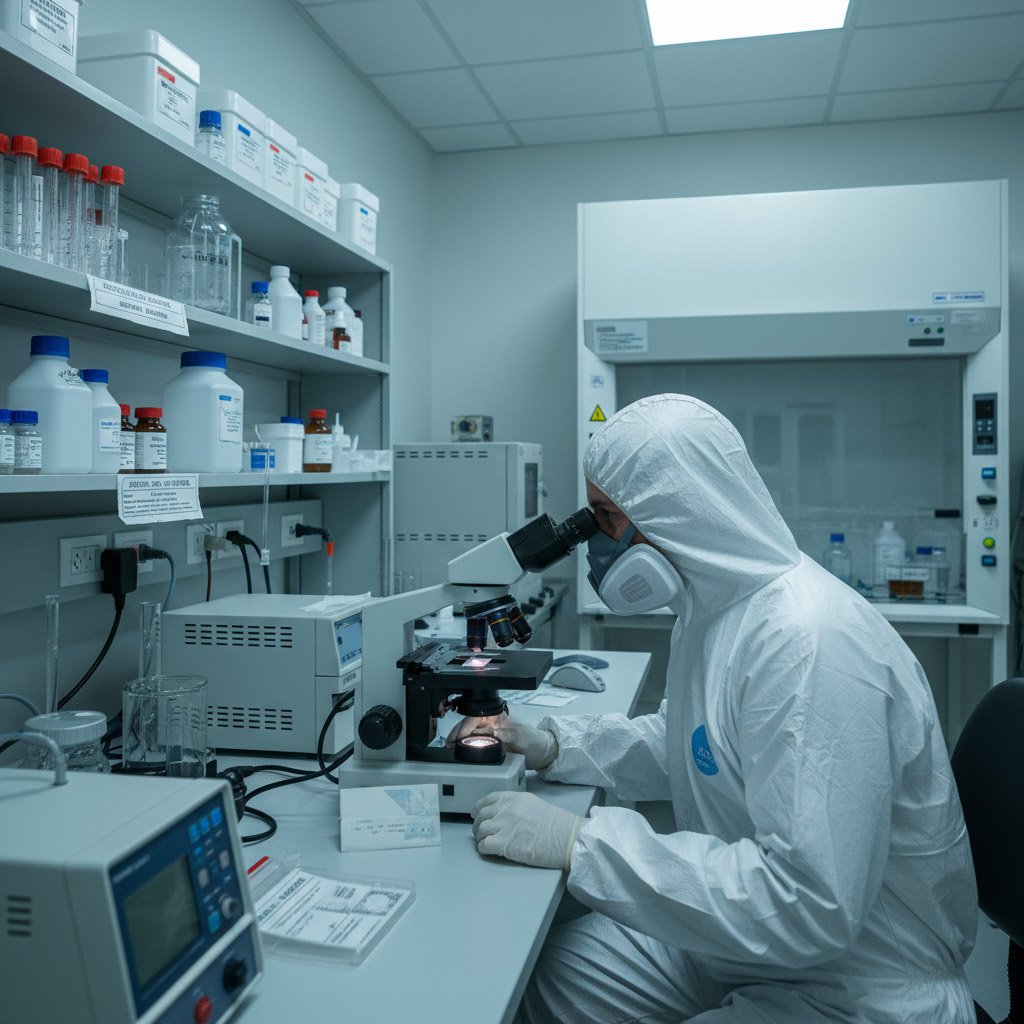 A scientist in a white lab suit, mask, and gloves using a microscope in a laboratory filled with chemicals and equipment, testing asbestos.