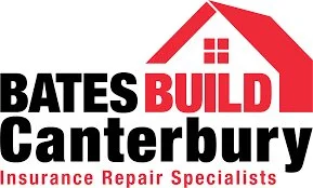 Logo for Bates Build Canterbury, an insurance repair specialist, featuring a red house roof icon above the company name.