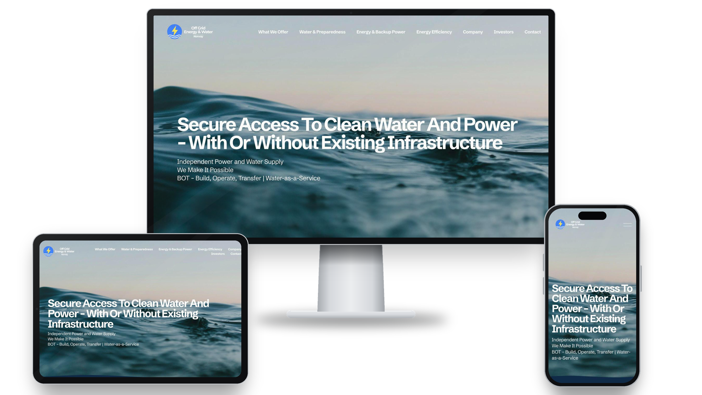 Nettside for Off Grid Energy & Water laget av Follow Media i Squarespace, vist på dataskjerm, nettbrett og mobil