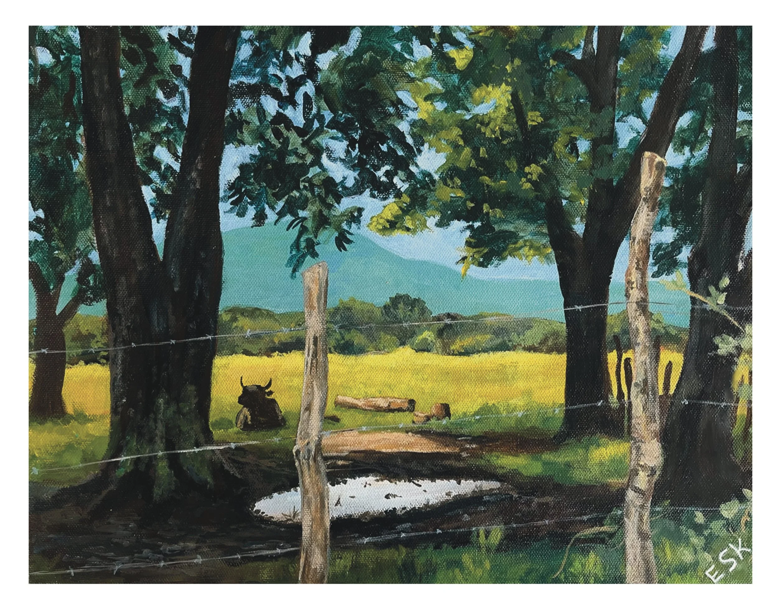A painting of a rural landscape featuring tall trees with green foliage, a small pond reflecting the sky, a cow resting under the trees, and a field of yellow grass with distant rolling hills.