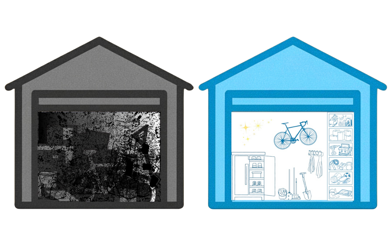 Side-by-side comparison of two garages, one cluttered and messy, the other organized and tidy.