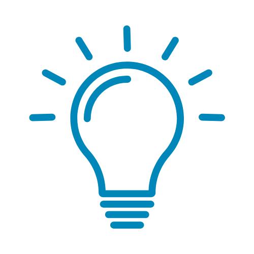 Blue outline of a lightbulb with lines radiating outward, symbolizing an idea or innovation.