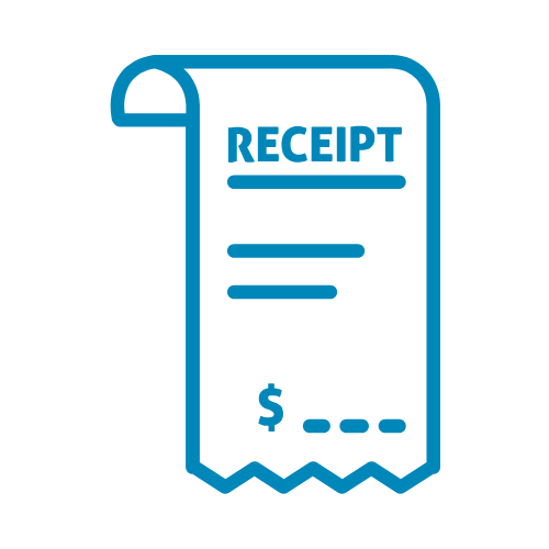 Blue outline of a receipt with the word 'RECEIPT' at the top and a dollar sign at the bottom.