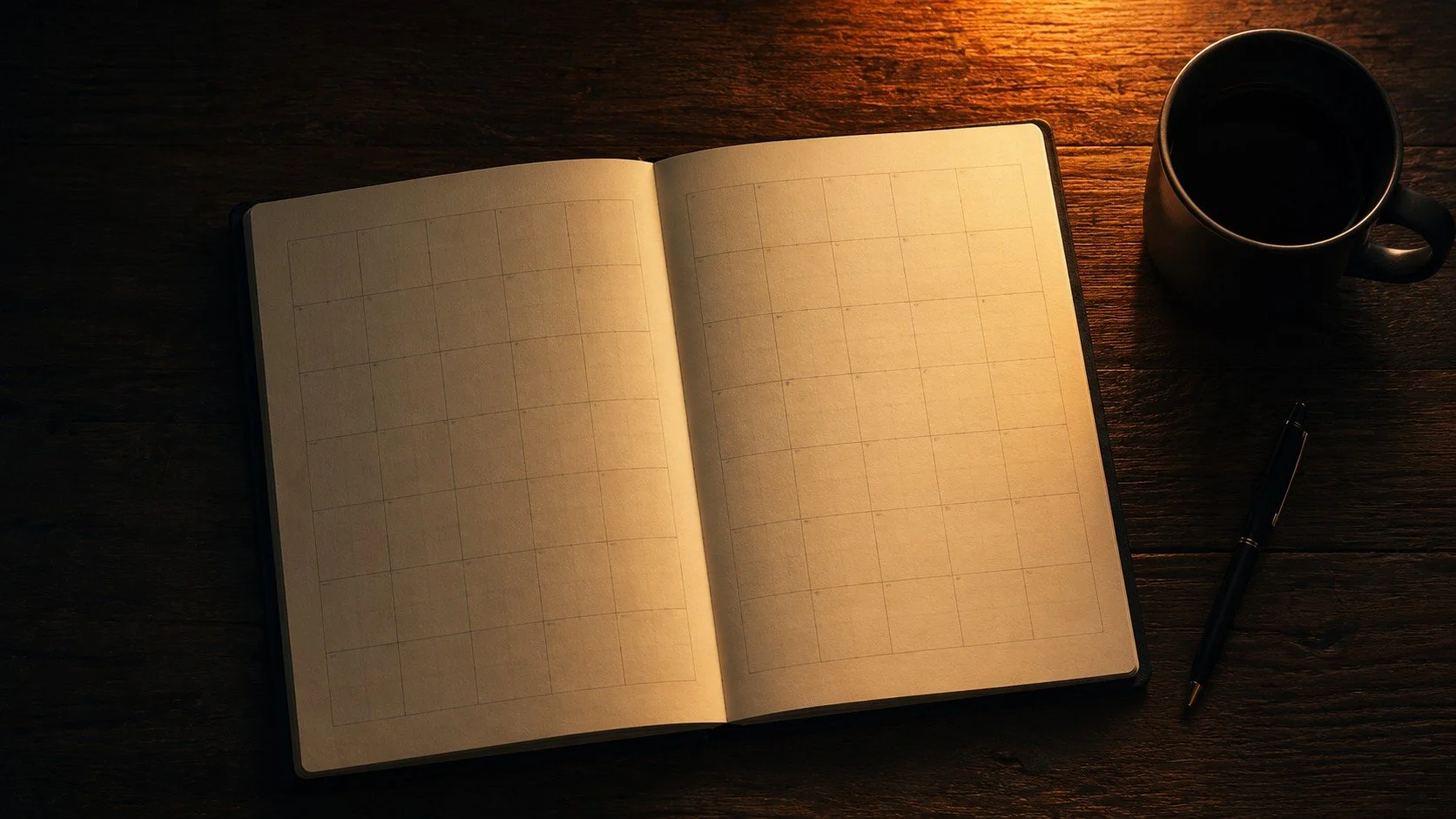 Open blank planner with monthly calendar grid, black pen, black coffee mug, and wooden surface with warm lighting.