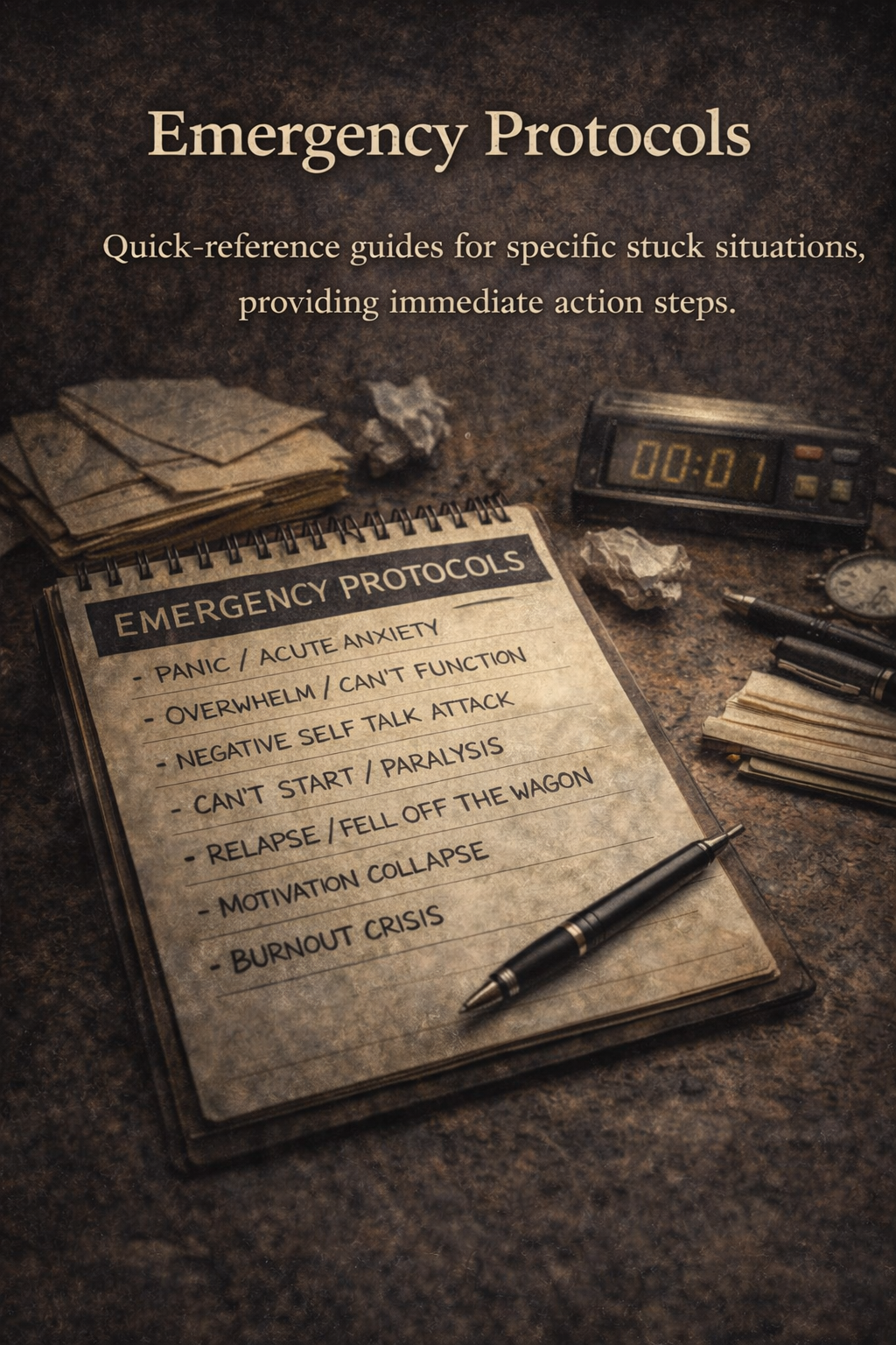 A vintage-style image of an emergency protocols checklist on a worn notebook, with a pen, crumpled papers, a timer, a clock, and a notepad in the background on a dark surface.