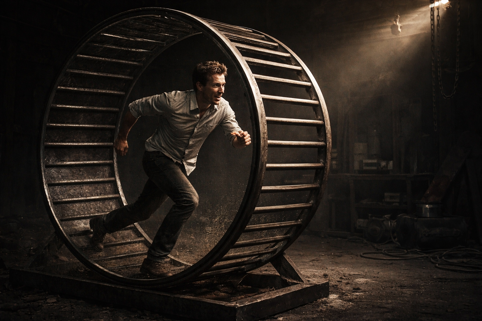 A man running inside a large metal wheel in a dimly lit, industrial workshop.
