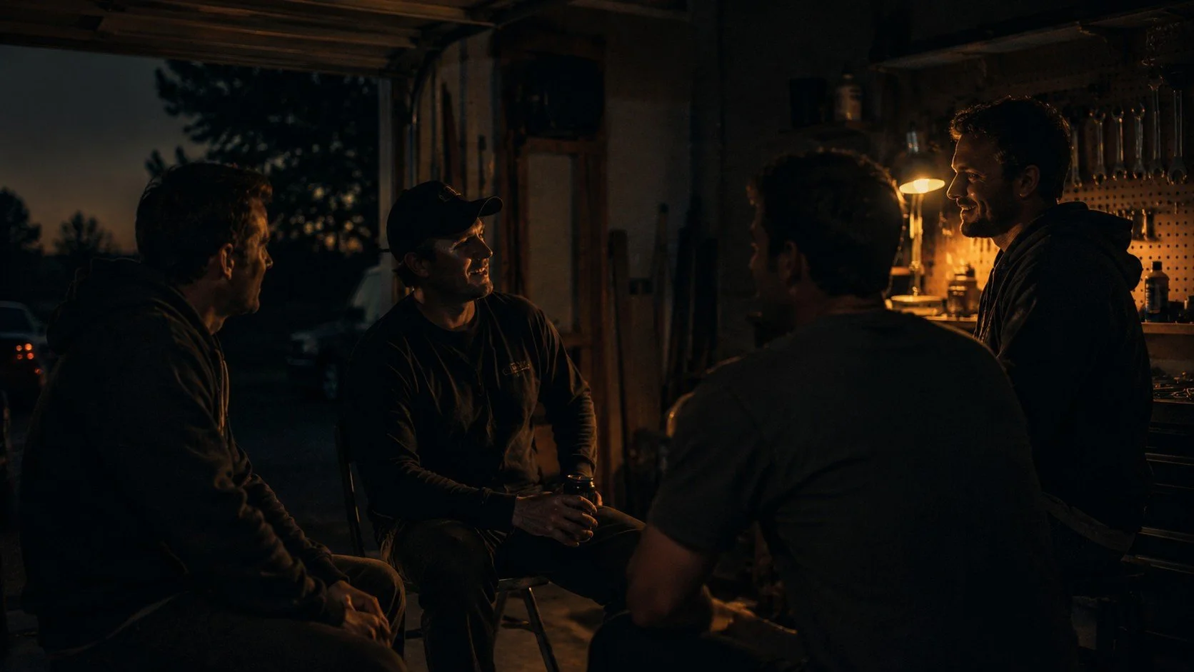 Four men sitting and talking in a dimly lit garage or workshop at night, illuminated by a small lamp, with tools hanging on the wall.