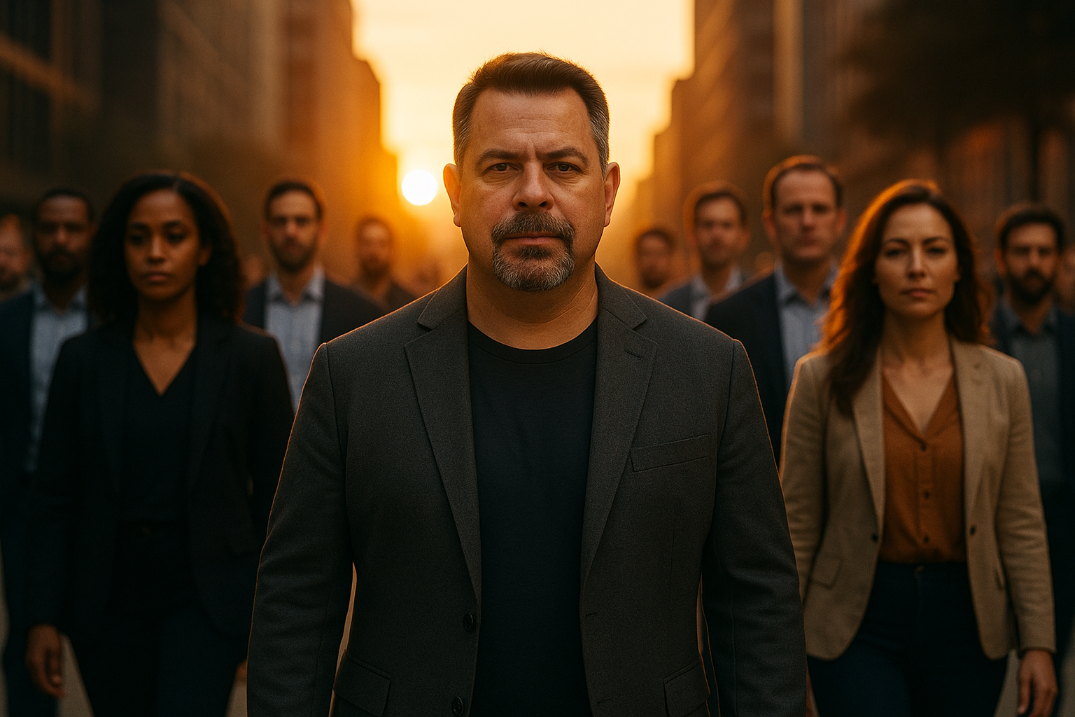 A man in a gray suit walking toward the camera with a group of people behind him during sunset.