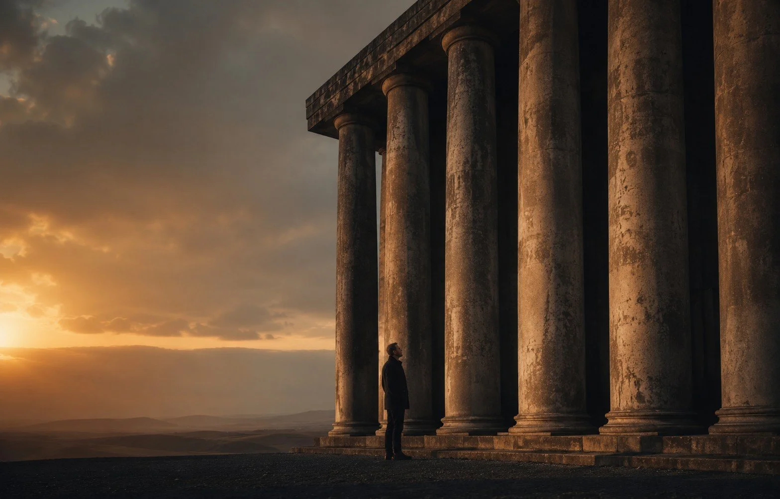 A person standing in front of ancient stone columns at sunset, with a cloudy sky and mountains in the background.