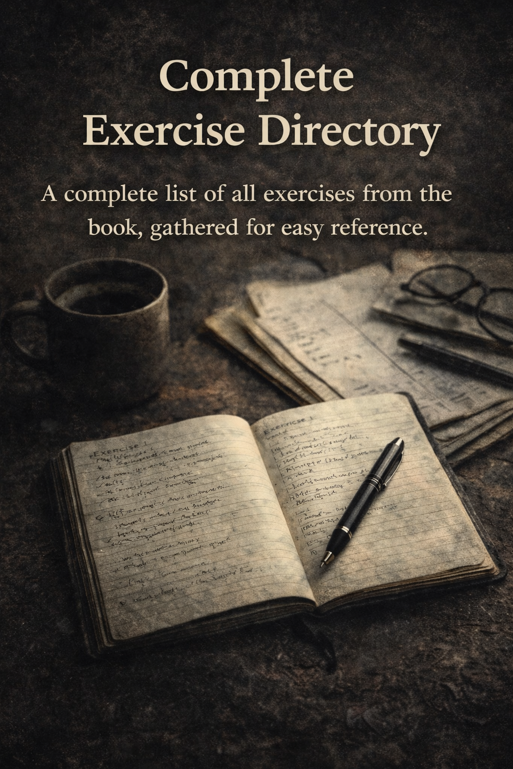 An open notebook with handwritten notes on exercises, a pen resting on the pages, a cup of coffee, and stacked notebooks or papers on a dark wooden table.