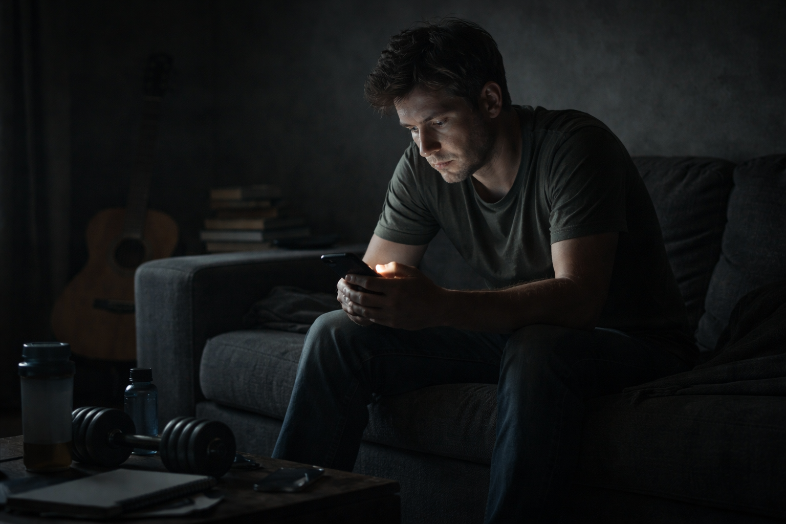 Man sitting on a dark couch in a dimly lit room, looking at his phone, with a guitar, books, and workout equipment around him.
