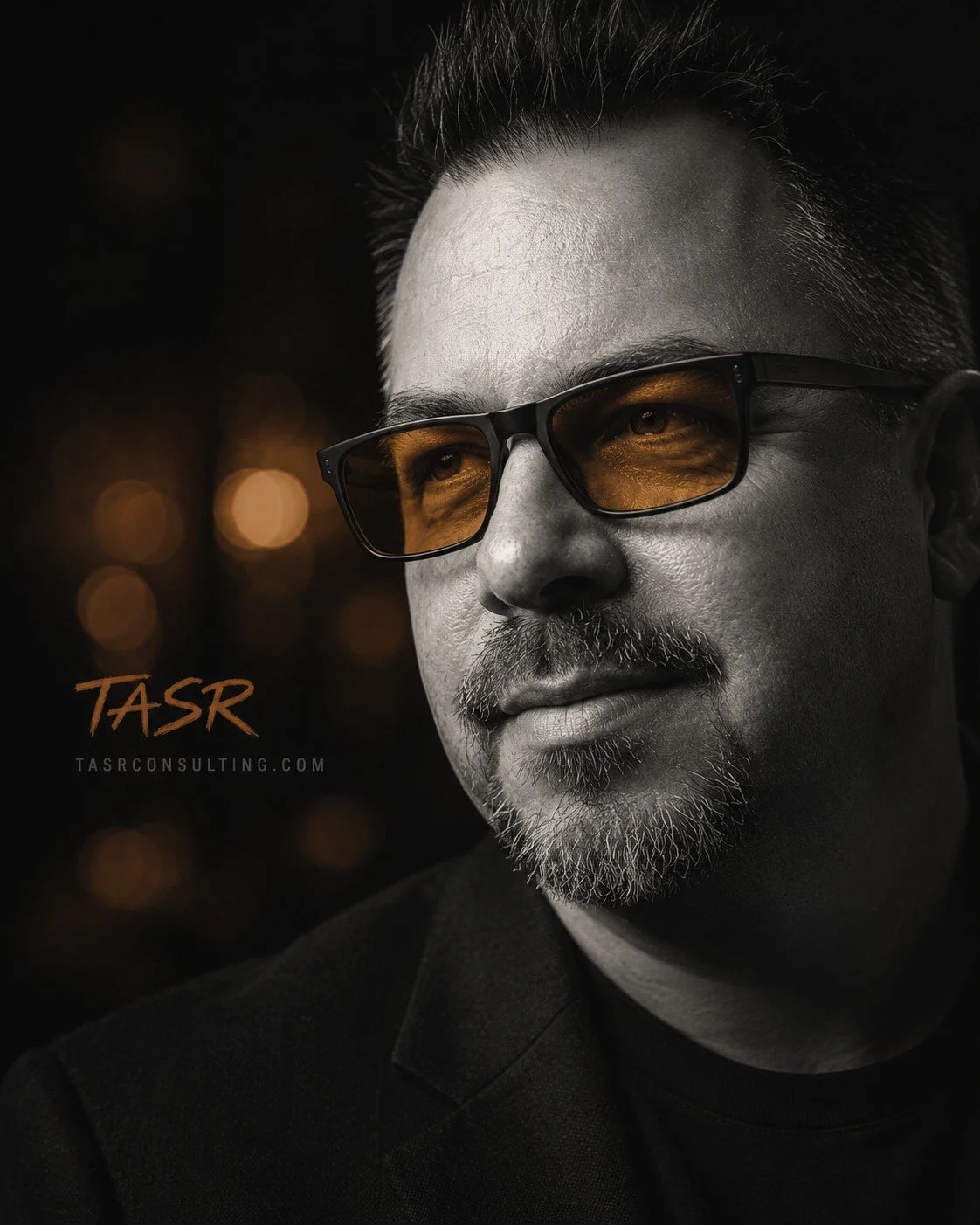 Black and white close-up portrait of a man wearing dark glasses with amber lenses, with a well-groomed beard and short hair, against a dark background with bokeh lights. The text 'TASR' and 'TASR CONSULTING.COM' is visible at the bottom left.