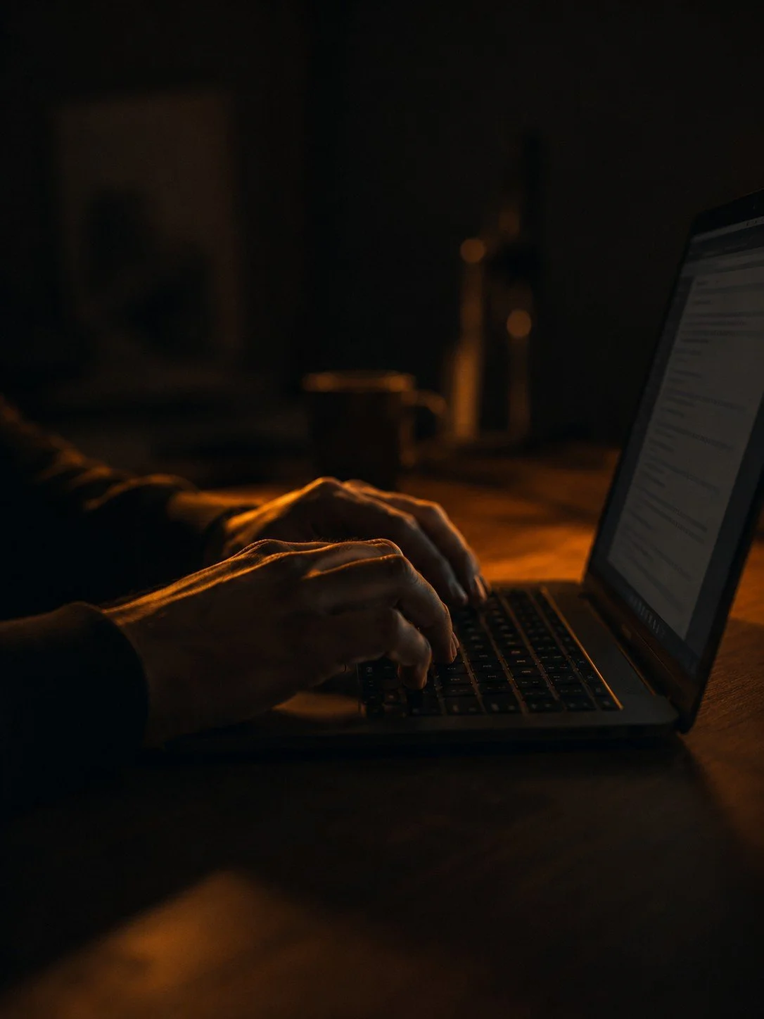 Person typing on a laptop in a dark room with warm lighting.