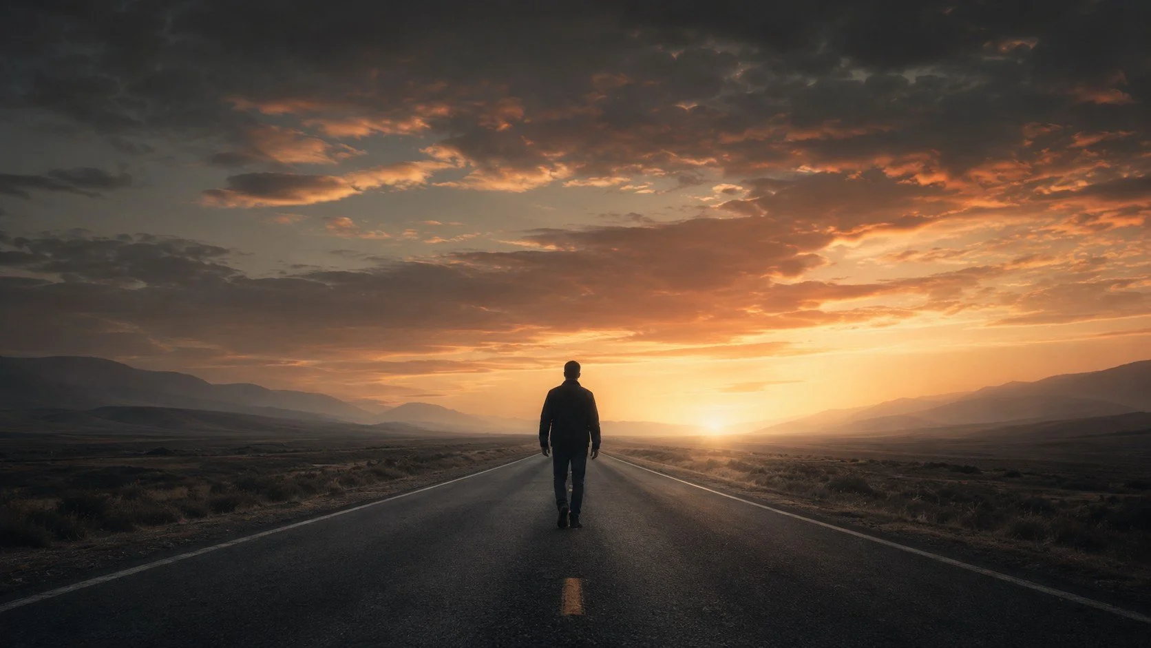 A person walking alone on an empty road at sunset in a vast open landscape with mountains in the distance and a colorful sky. TASR CONSULTING HERO TAKE ACTION SEE RESULTS MEN HELP