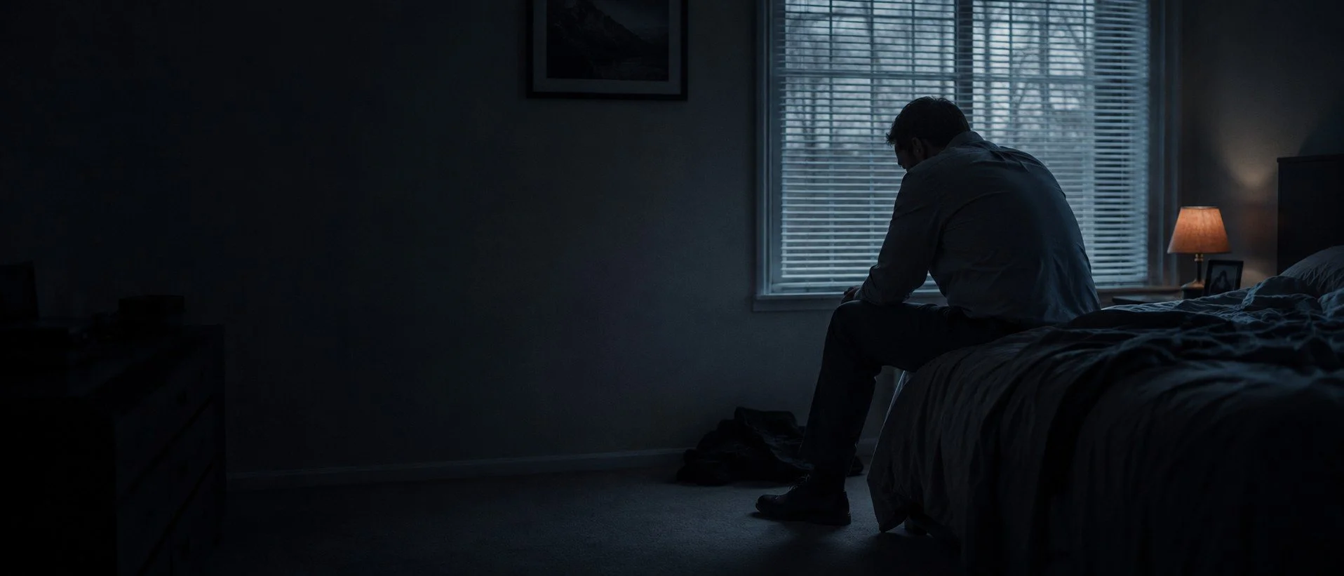 A man sitting on the edge of a bed in a dimly lit bedroom, looking down, with a window with blinds behind him, a lamp on a nightstand, and a framed picture on the wall.  TASR CONSULTING HERO TAKE ACTION SEE RESULTS MEN SELF HELP.