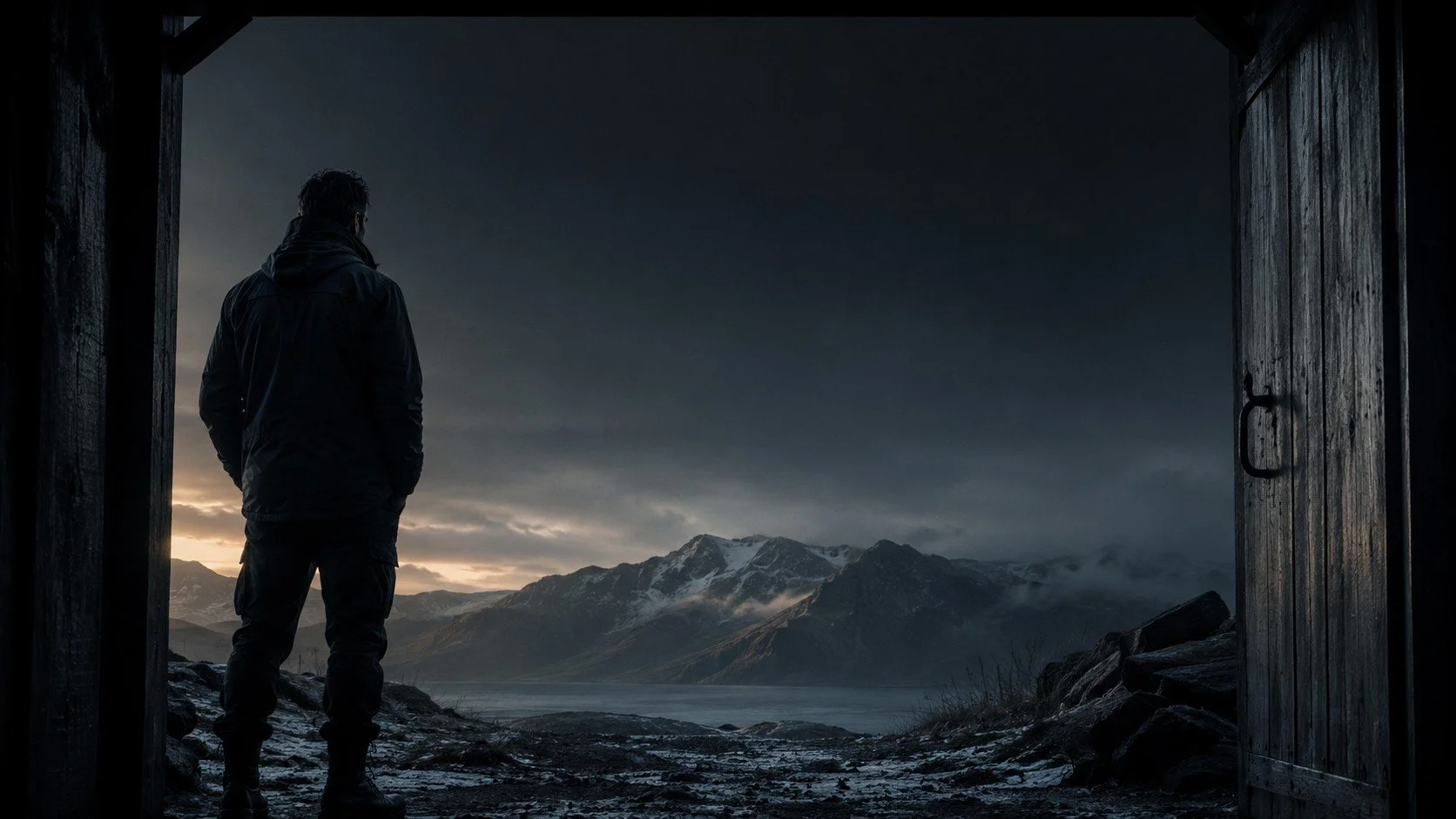 A person standing in a doorway looking at a mountain landscape with dark clouds, snow-capped peaks, and a body of water, during dusk or dawn. TASR CONSULTING MENS MENTAL HEALTH