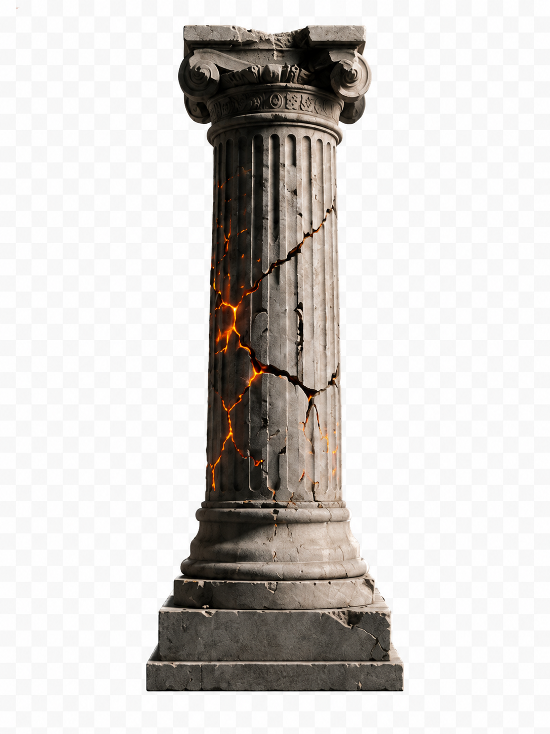 Ancient marble classical column with cracks and glowing orange molten lava visible inside. TASR CONSULTING HERO TAKE ACTION SEE RESULTS MEN SELF HELP.