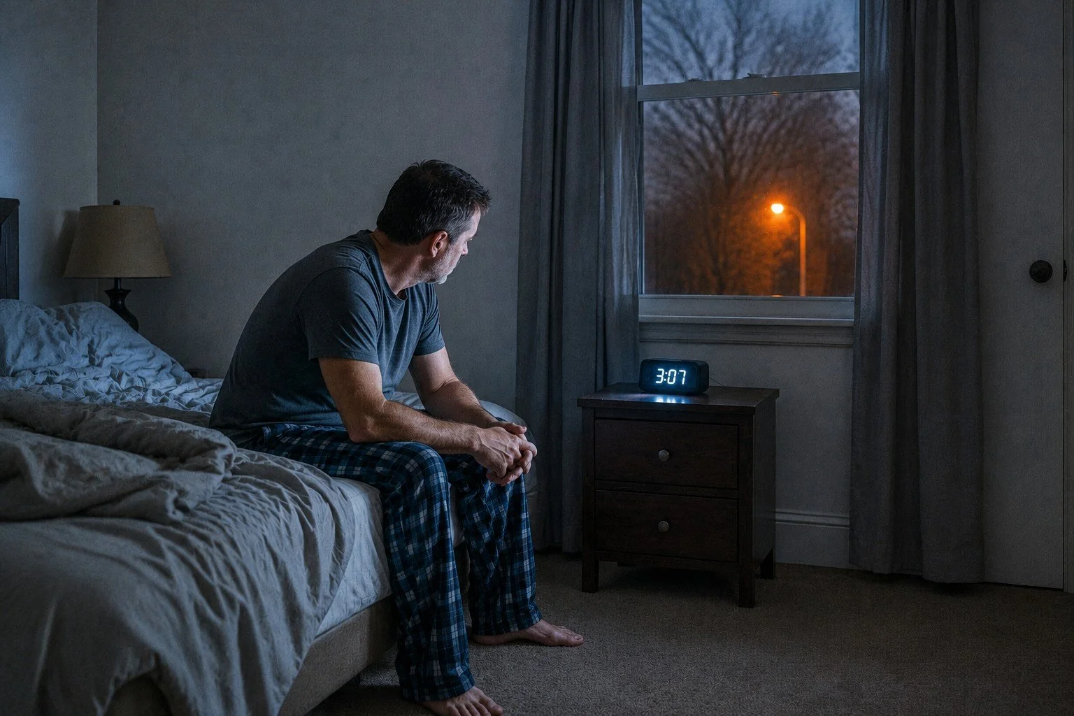 A man sitting on the edge of a bed in pajamas, looking down with a sad or contemplative expression in a dimly lit bedroom at night.  TASR CONSULTING HERO TAKE ACTION SEE RESULTS MEN SELF HELP.