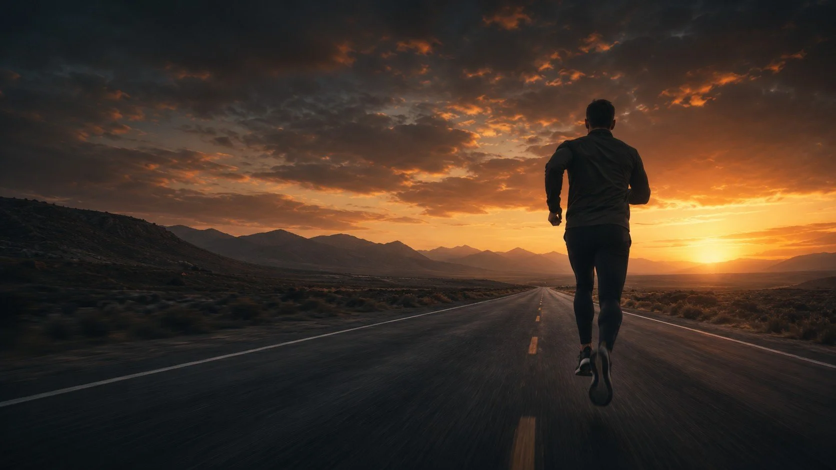 A person running on an empty road during sunset or sunrise in a remote desert area with mountains in the background. TASR CONSULTING HERO TAKE ACTION SEE RESULTS MEN SELF HELP.