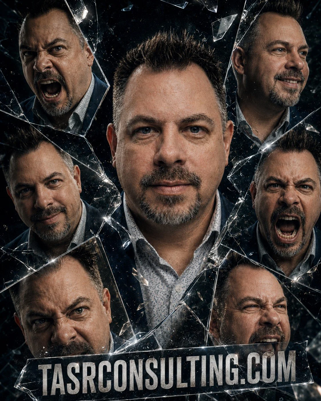 Multiple images of a man's face showing anger, happiness, and seriousness, broken into pieces like shattered glass, with the text 'TASR Consulting.com' at the bottom.