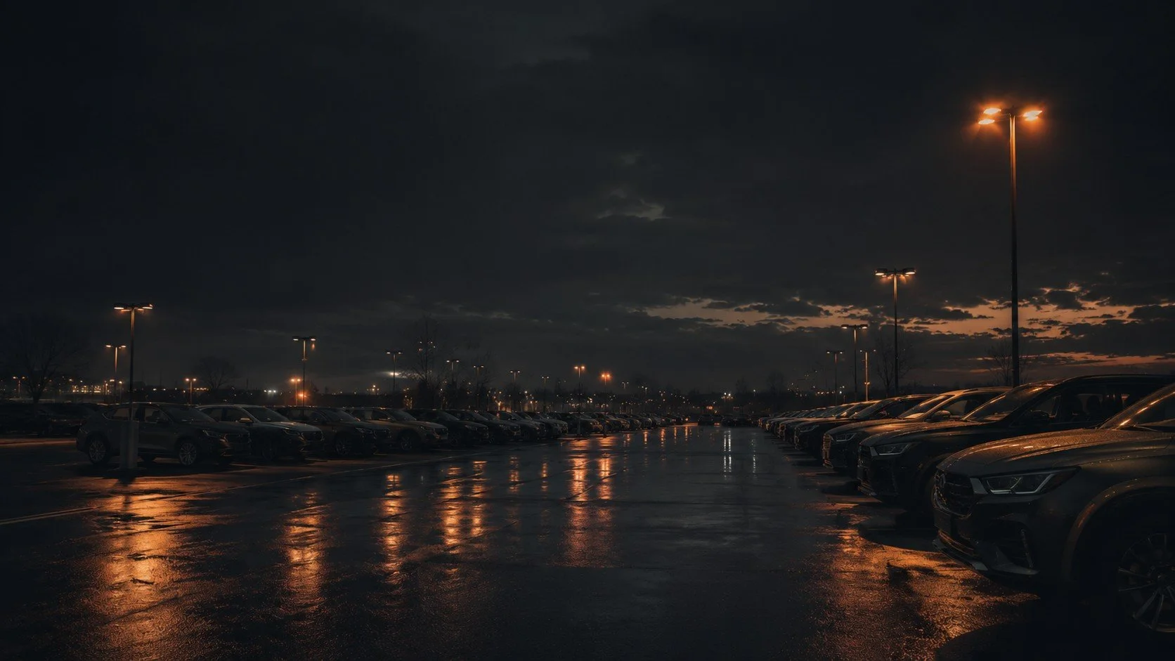 Dark parking lot at dusk with wet pavement reflecting streetlights and parked cars under a cloudy sky. TASR CONSULTING HERO TAKE ACTION SEE RESULTS MEN HELP