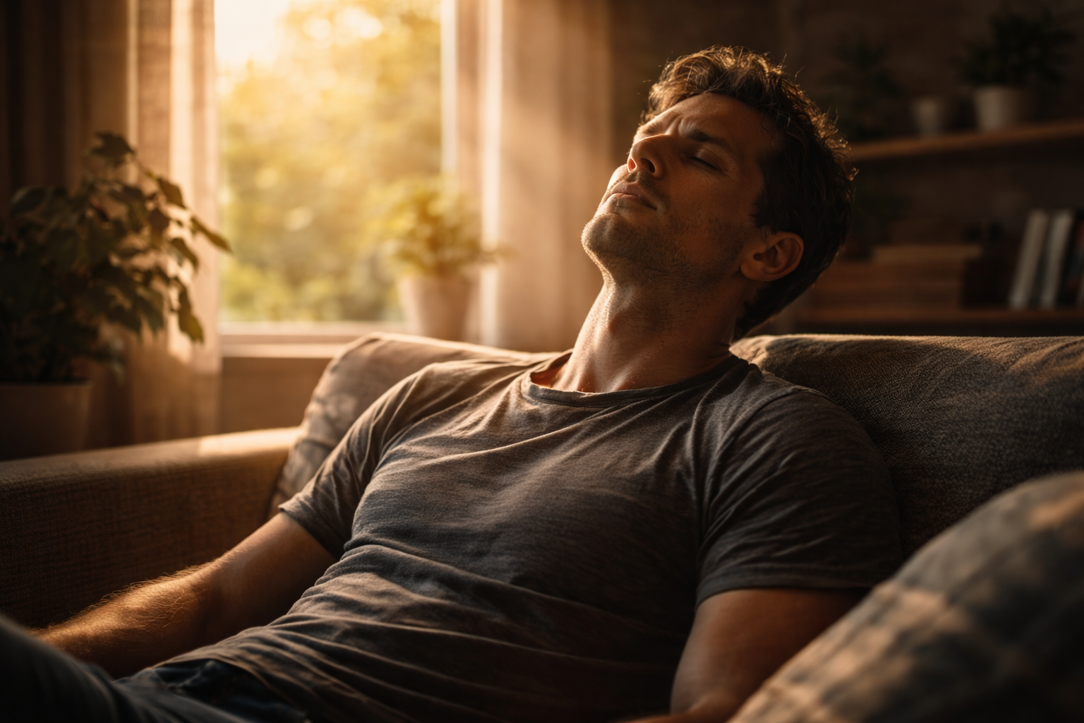 A man sitting on a sofa, relaxing and enjoying sunlight through the window.