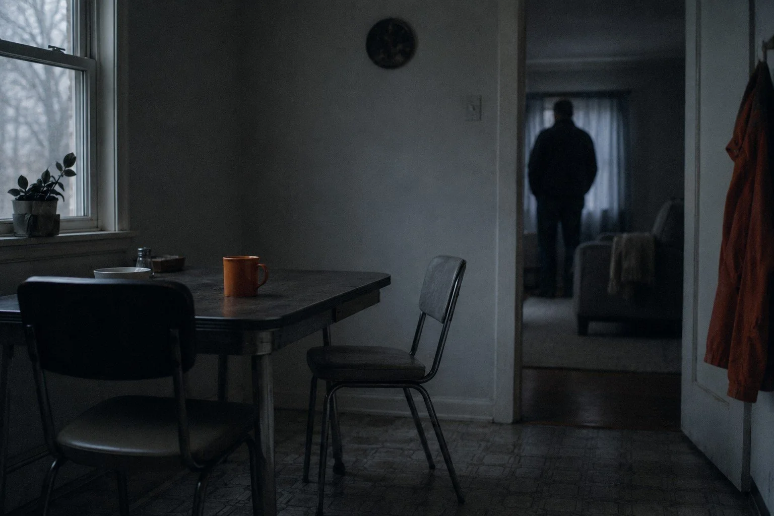 A dimly lit kitchen with a table and three chairs, one with an orange mug, a plant on the window sill, and a person standing in the doorway in the background.