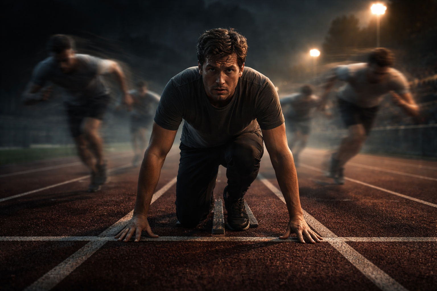 A man in a black shirt and pants in a starting position on a running track, with blurred runners behind him and stadium lights overhead, at night.