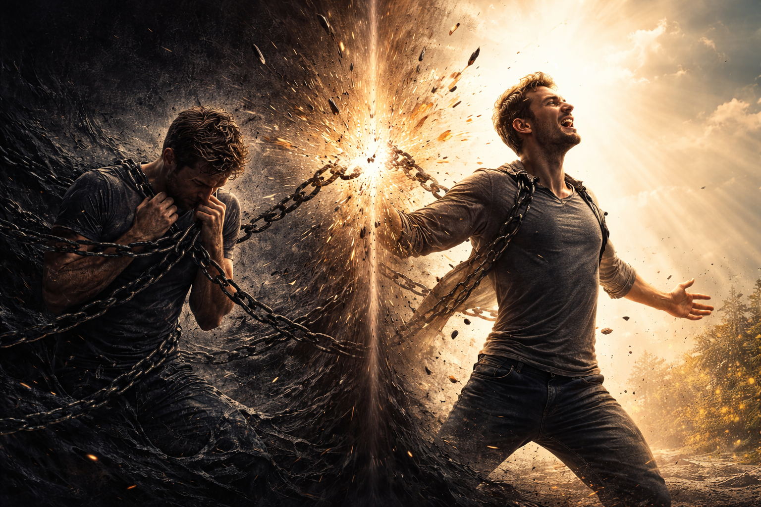 Two men engaged in a dramatic action scene, one appearing to be in distress and the other standing confidently with chains wrapped around their shoulders, with an explosive impact between them.