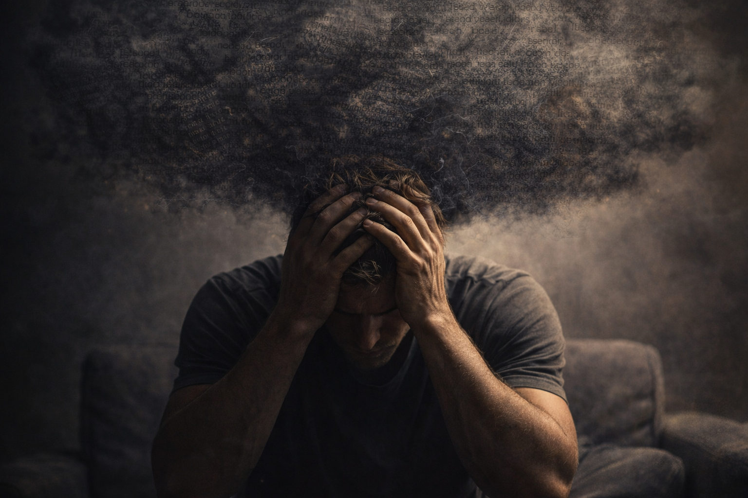 Man with hands on his head, appearing distressed, with dark smoke or cloud above him, in a dimly lit room.