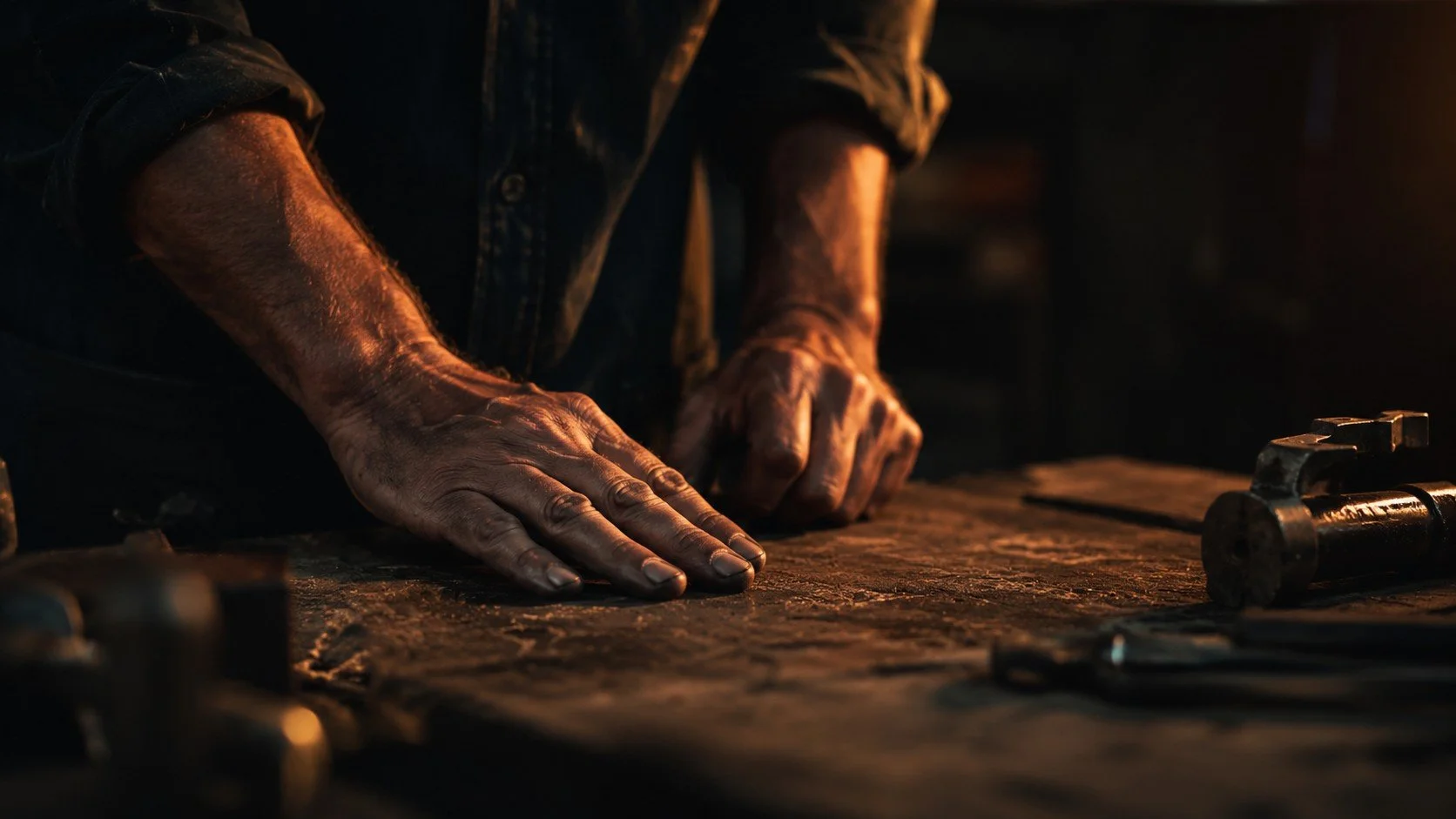 Close-up of a person's weathered hands resting on a dark wooden workbench, with tools nearby, in a dimly lit workshop.  TASR CONSULTING HERO TAKE ACTION SEE RESULTS MEN HELP