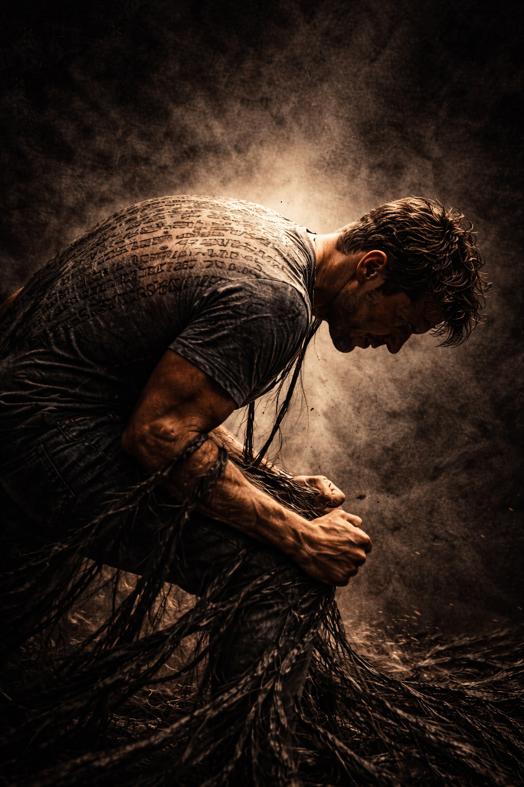 A man appears to be pulling or handling a bundle of intertwined vines or roots, with a distressed or intense expression, set against a dark, textured background.