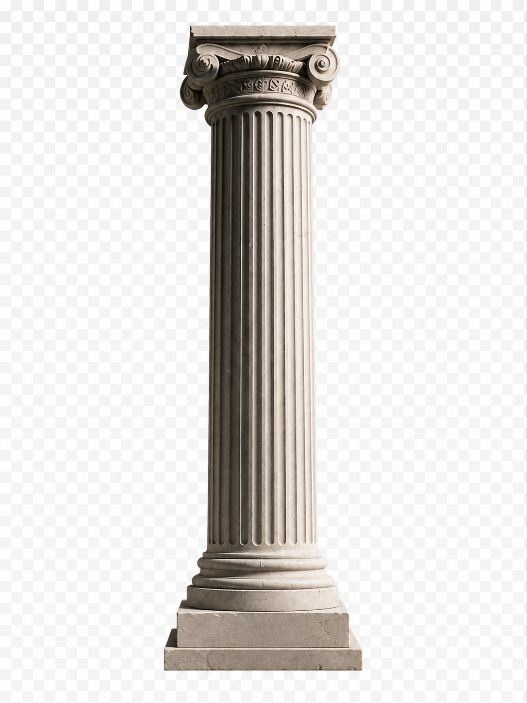 Ancient Greek-style marble classical column with fluted shaft and ornate Corinthian capital, isolated on transparent background.  TASR CONSULTING HERO TAKE ACTION SEE RESULTS MEN SELF HELP.