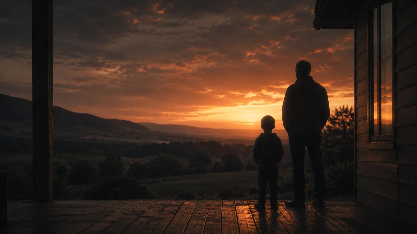 A man and child stand on a porch watching a sunset over a rolling landscape.  TASR CONSULTING HERO TAKE ACTION SEE RESULTS MEN SELF HELP.