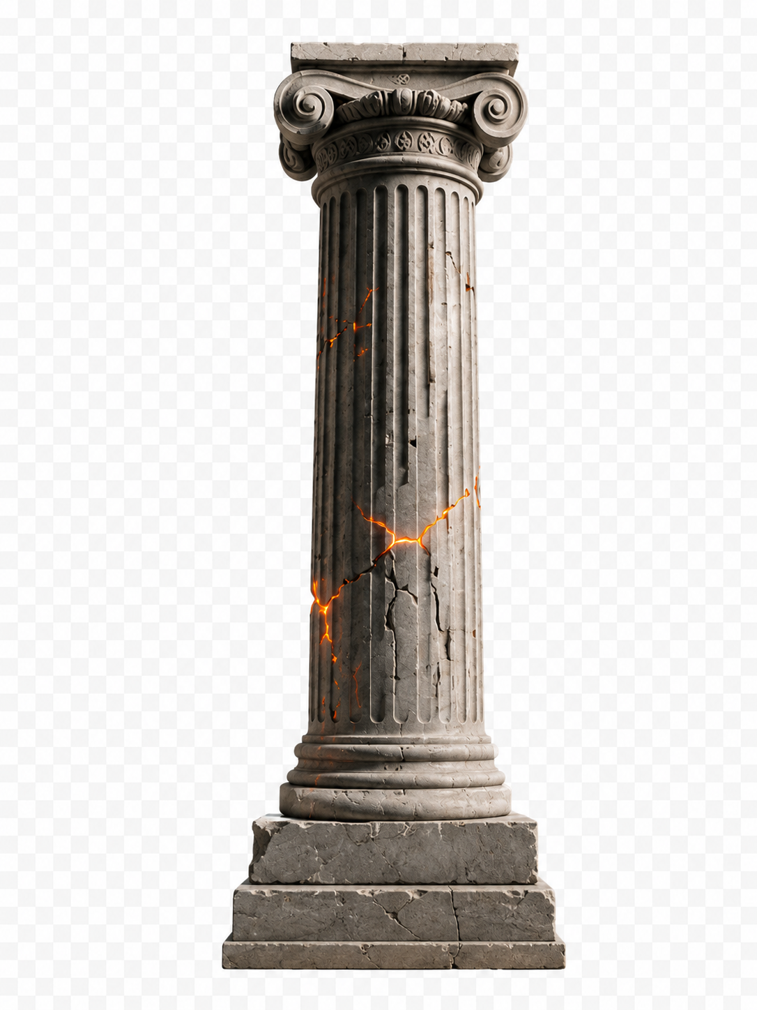 A cracked and damaged ancient marble column with glowing orange cracks, standing on a stone base.  TASR CONSULTING HERO TAKE ACTION SEE RESULTS MEN SELF HELP.