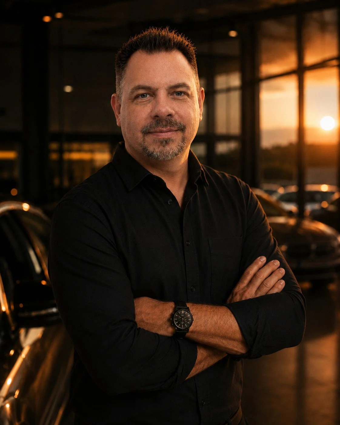 A man with short spiked hair and a beard, wearing a black shirt and a watch, stands with arms crossed in a parking garage at sunset.