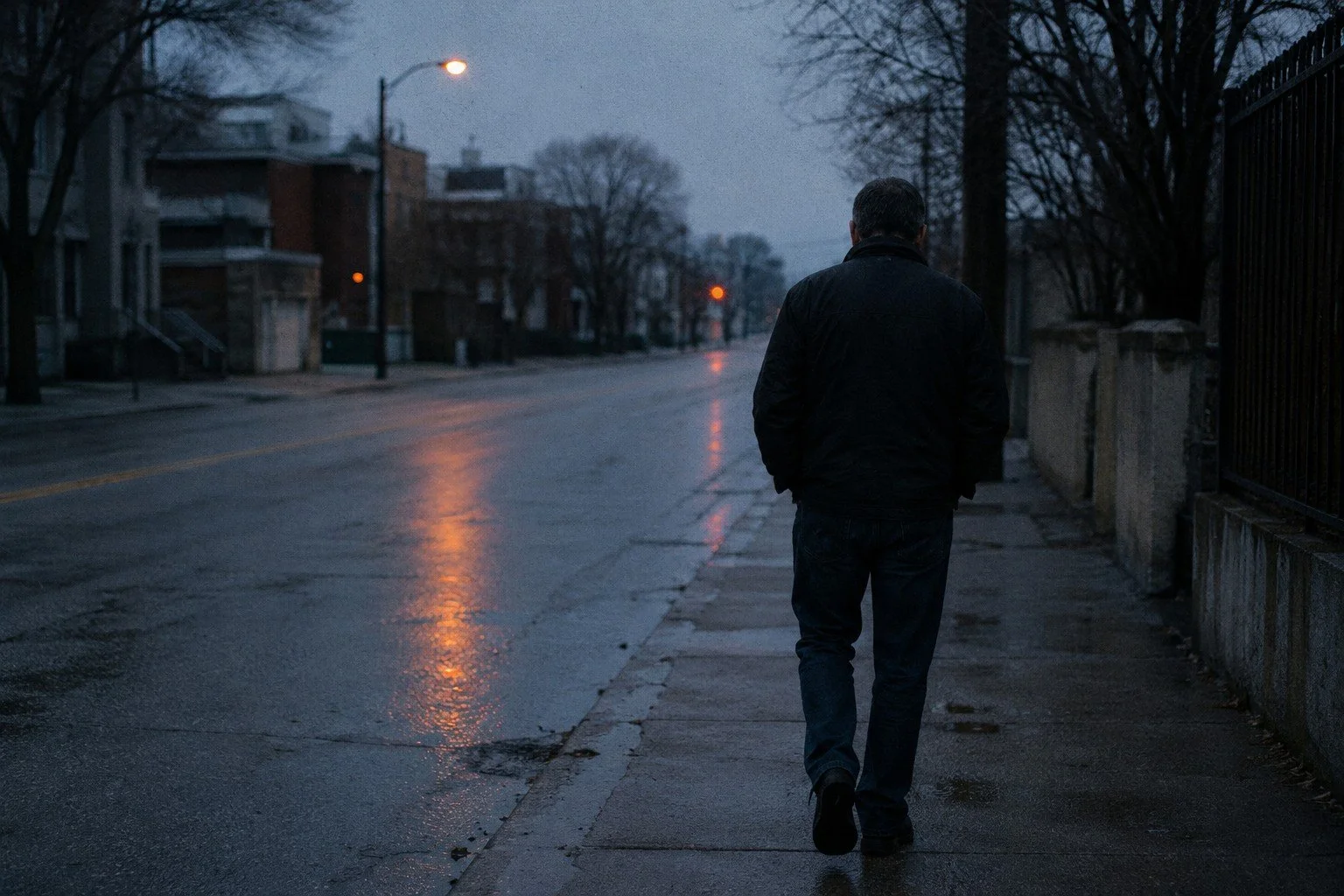 A man wearing a black jacket and jeans walking alone on a wet sidewalk  TASR CONSULTING HERO TAKE ACTION SEE RESULTS MEN SELF HELP.