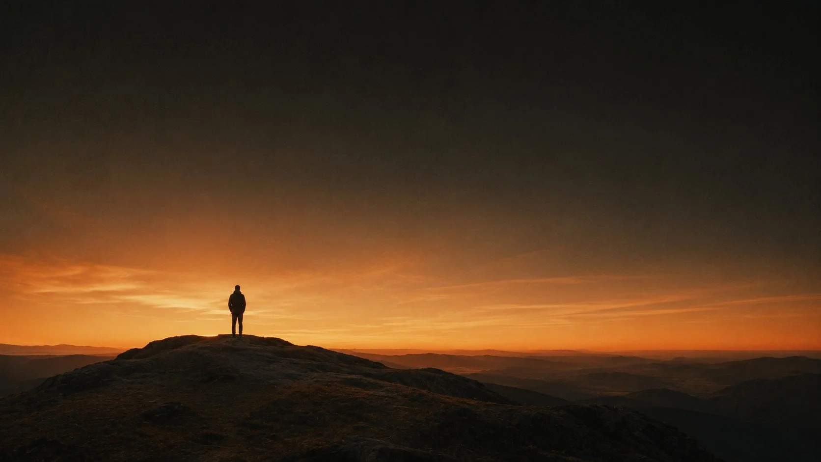 Single person standing on a hilltop during sunset or sunrise with a vibrant orange and yellow sky and distant mountain ranges.