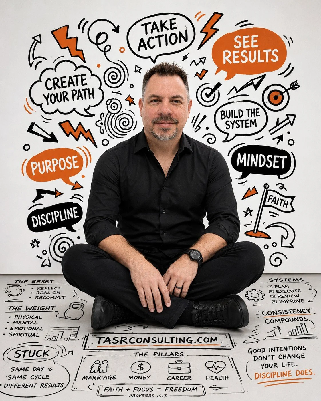 A man sitting cross-legged in front of a whiteboard filled with motivational and planning doodles and words like 'Take Action,' 'Create Your Path,' 'Build the System,' 'Mindset,' and 'See Results.' The board includes diagrams, checklists, and phrases related to personal growth, discipline, systems, and life pillars.