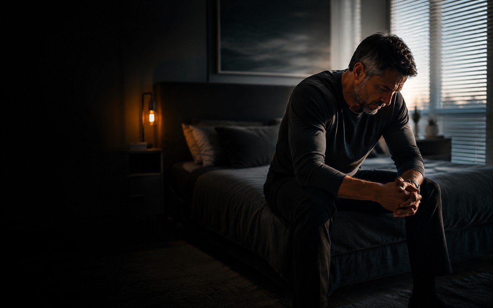 A middle-aged man sitting on the edge of a bed in a dimly lit bedroom, looking downward with a contemplative expression.