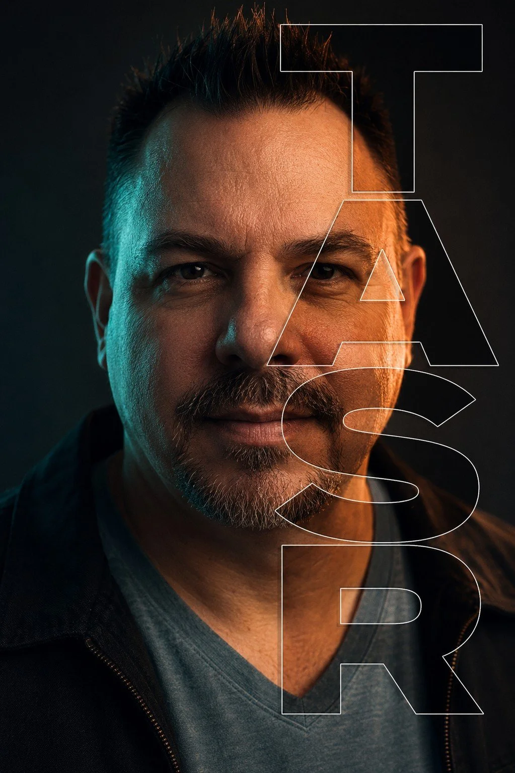 Close-up of a middle-aged man with a beard and mustache, wearing a dark jacket and a gray shirt, with the word "ASK" overlayed in large, transparent text.