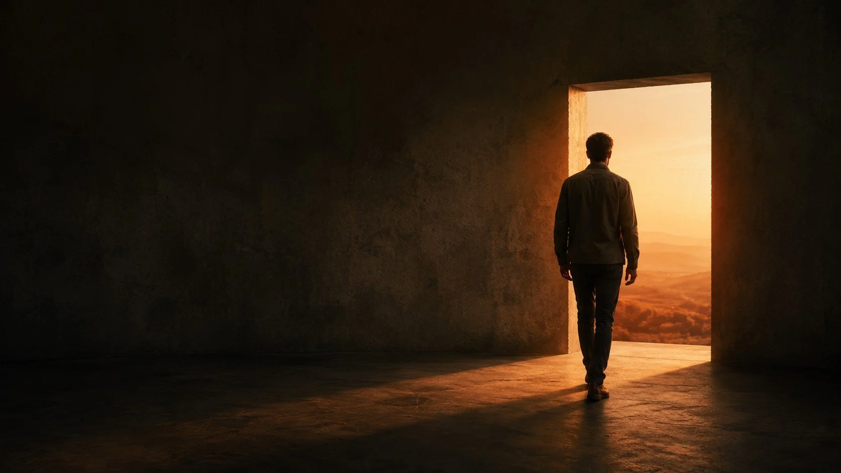 A person walking into a bright doorway at sunset, with clouds and mountains in the distance.