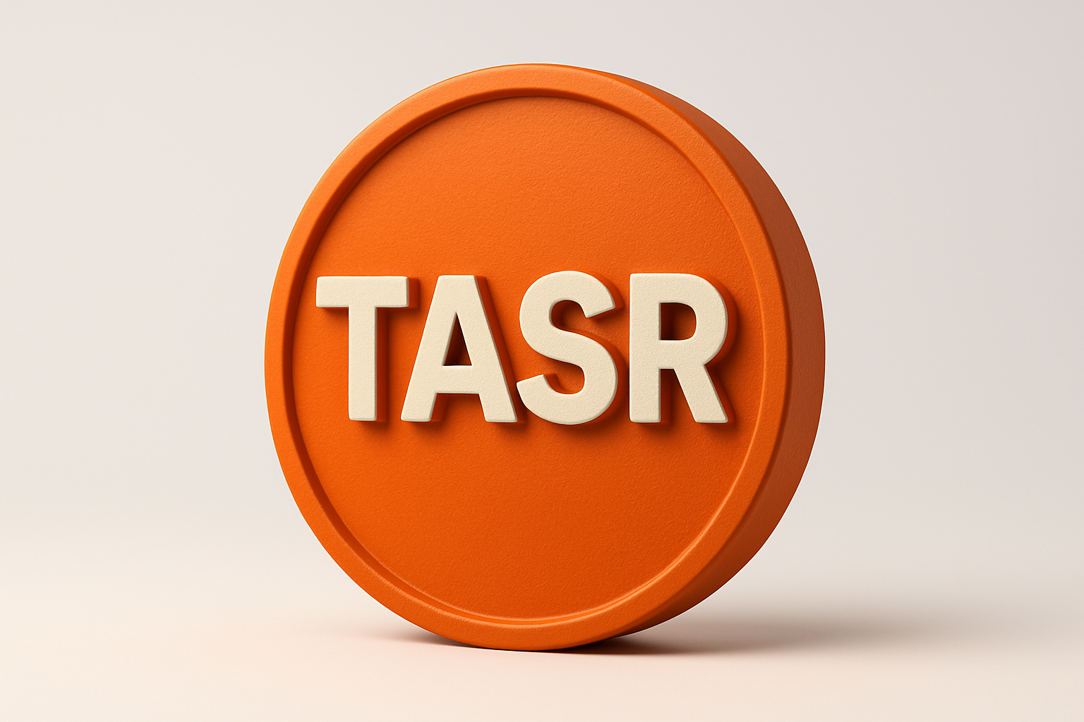 Orange circular token with the letters T, A, S, R in white, three-dimensional font.