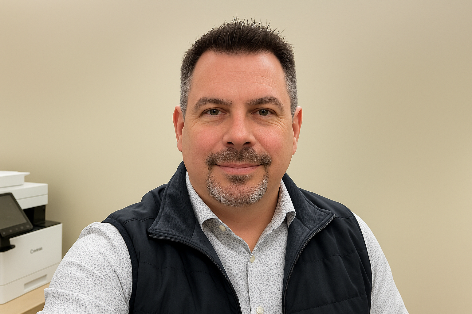 A man with short dark hair, a goatee, and a mustache smiling at the camera, wearing a white patterned shirt and a black vest, in an office setting with a beige wall and a printer in the background.