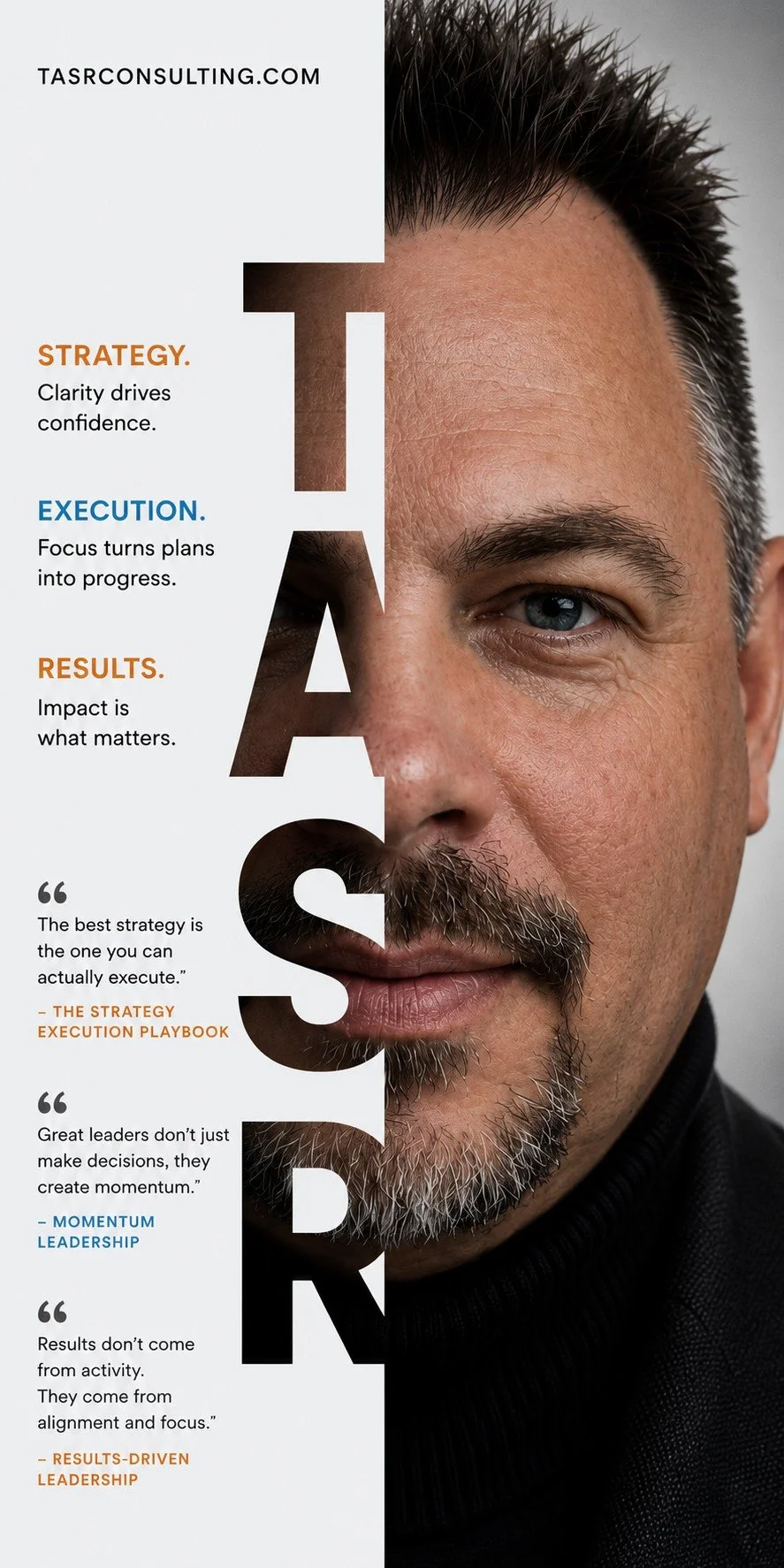 A man with gray hair and a beard looks directly at the camera, with words and quotes about strategy, execution, and results overlayed on his face, including 'Strategy drives confidence,' 'Focus turns plans into progress,' and 'Impact is what matters.'
